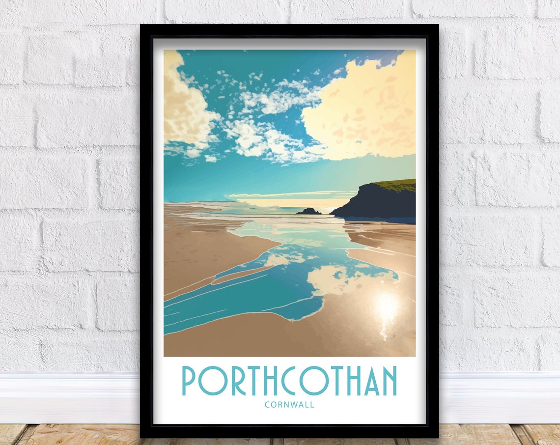 Porthcothan Cornwall Sandy Bay Cliffs Ocean Reflections Art Poster
