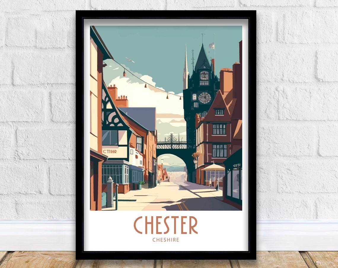 Chester Cheshire Historic Eastgate Clock Street Scene Vintage Poster