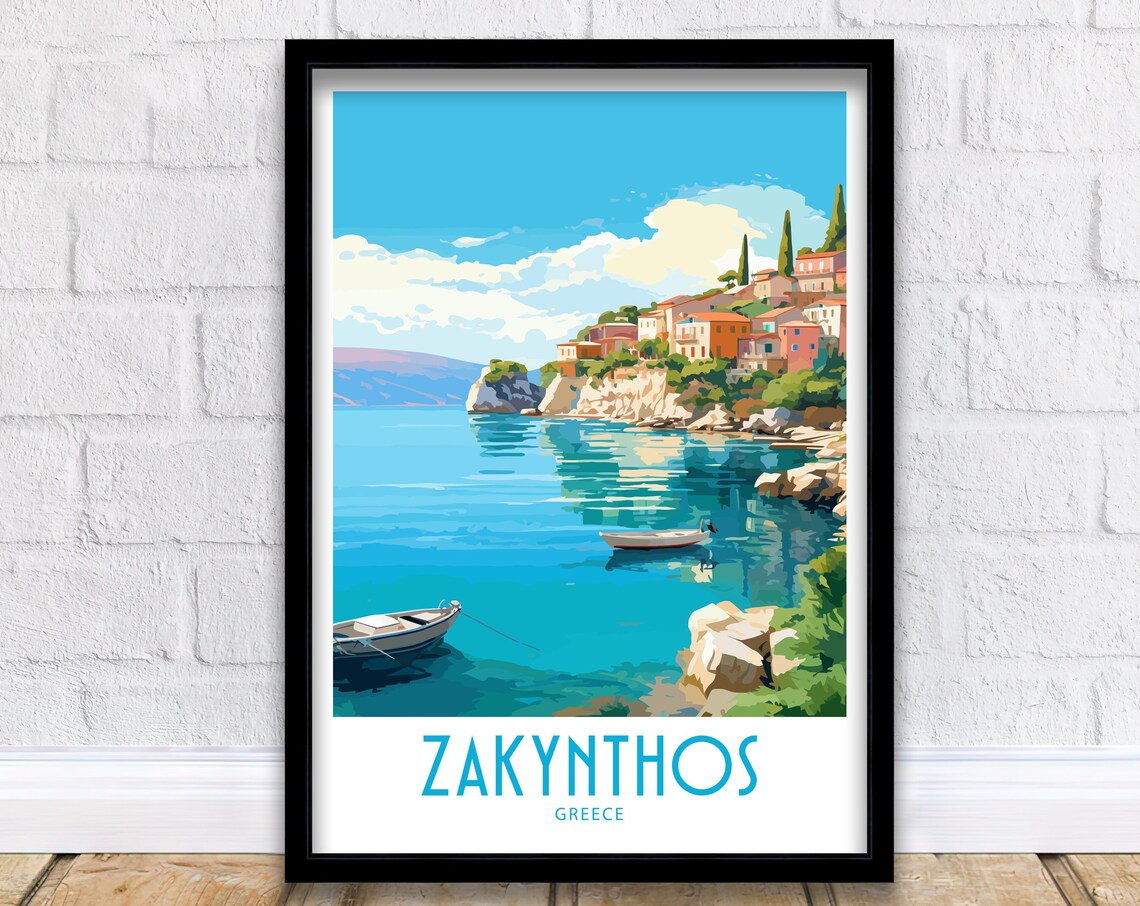 Zakynthos Greece Cliff Village Turquoise Rowboats Travel Poster