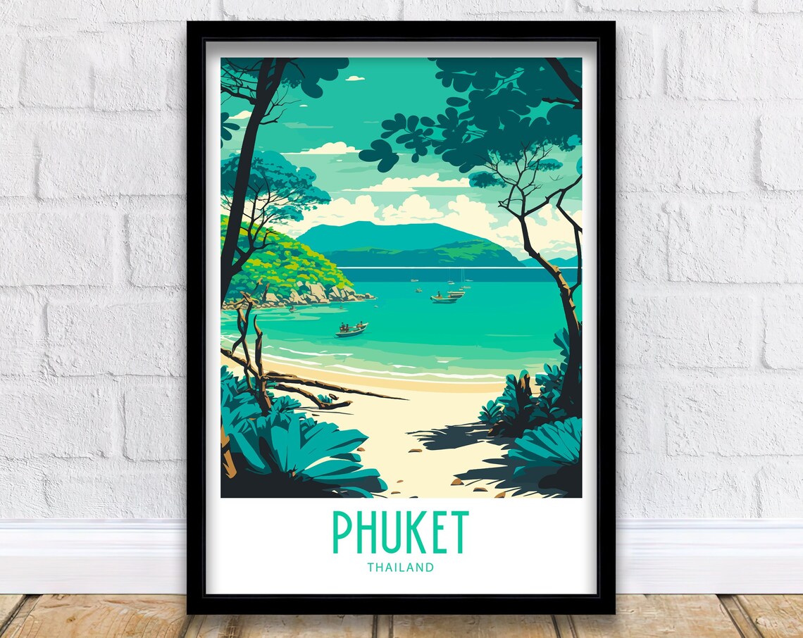 Phuket Thailand Tropical Beach Through Palm Trees Retro Travel Poster