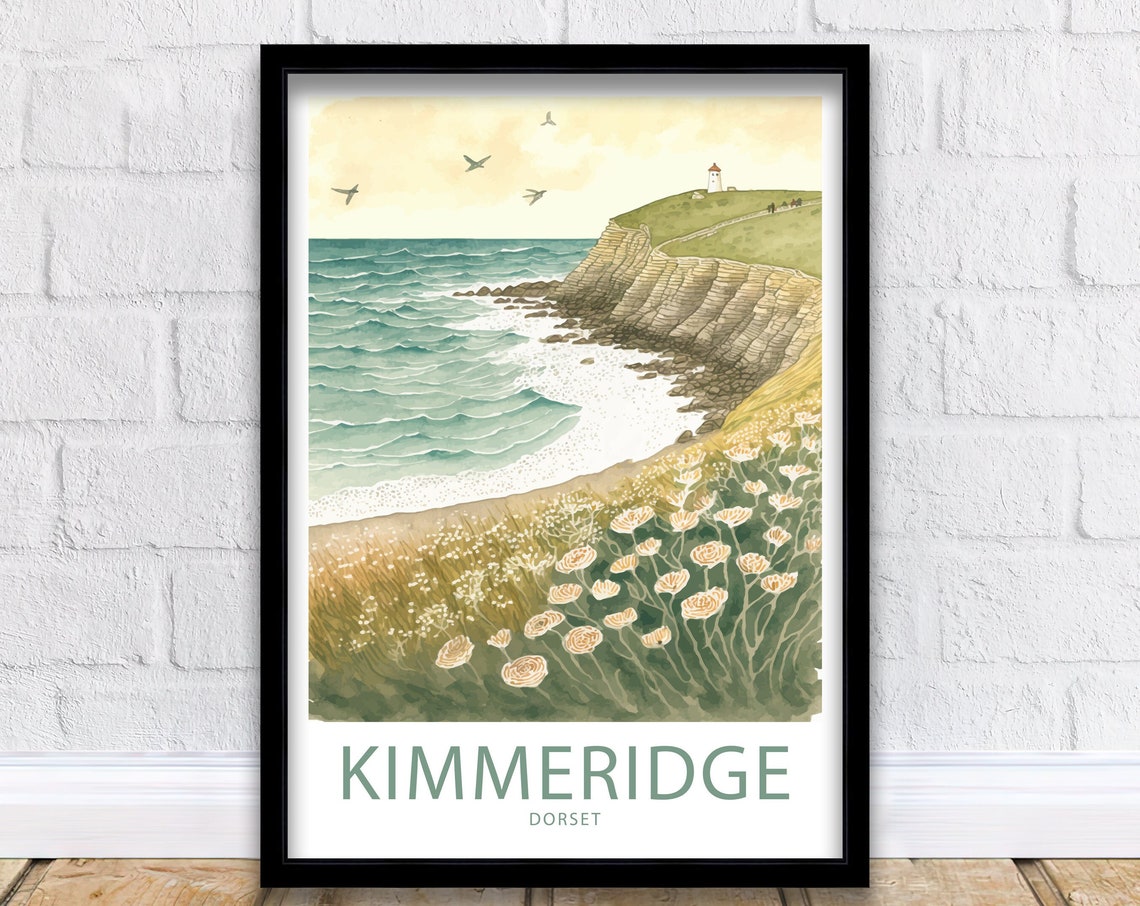 Kimmeridge Bay Dorset Cliffs Watercolor Lighthouse Wildflower Poster