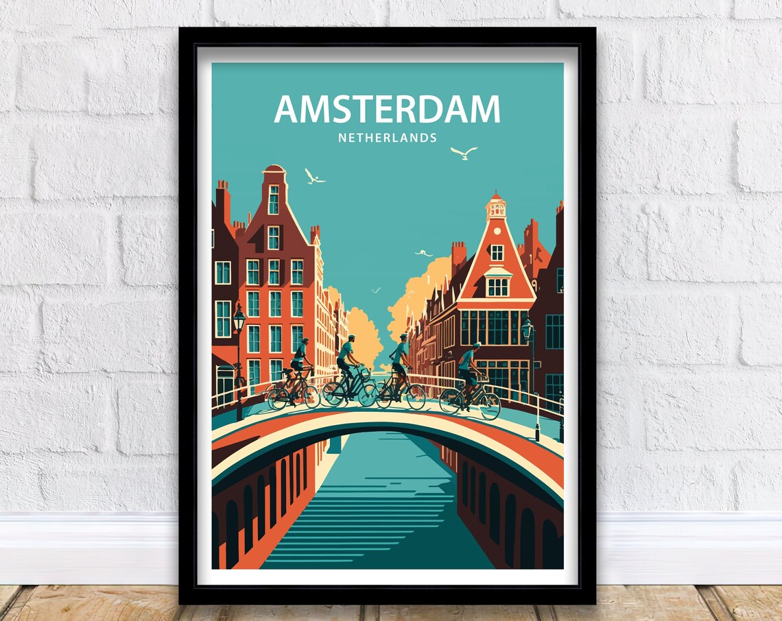 Amsterdam Netherlands Canal Bridge Cyclists Retro Travel Poster