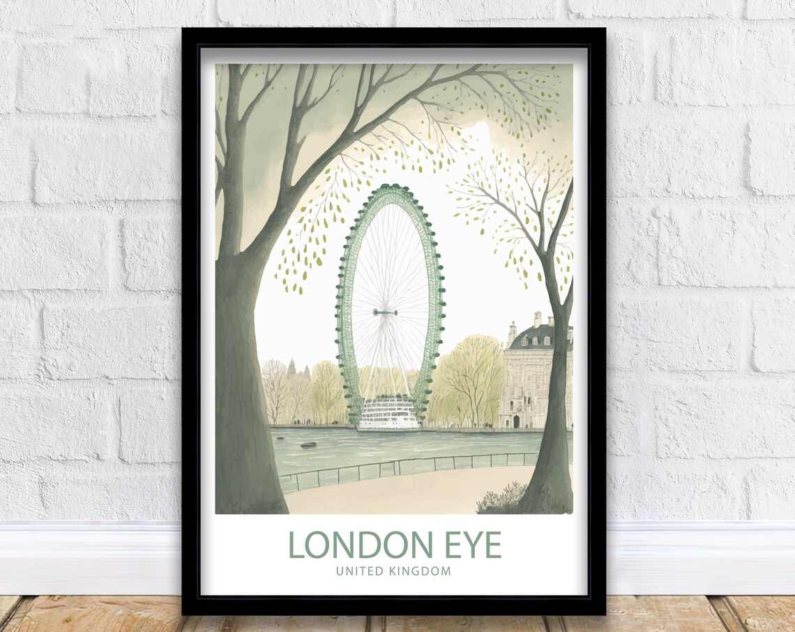 London Eye United Kingdom Watercolor Wheel Trees Travel Poster