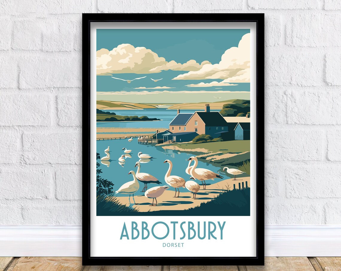 Abbotsbury Dorset Swannery Lake Wild Swans Vintage Travel Poster