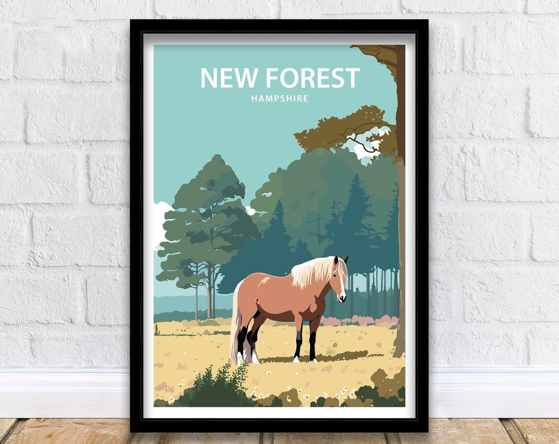 New Forest Ponies Art Print, Hampshire Travel Poster