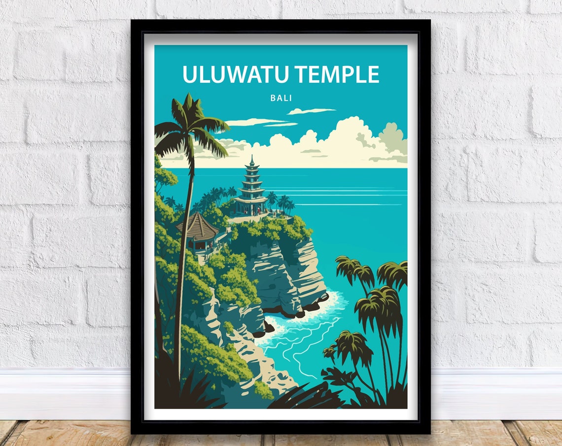 Uluwatu Temple Bali Palm Fringed Cliff Ocean Teal Travel Poster