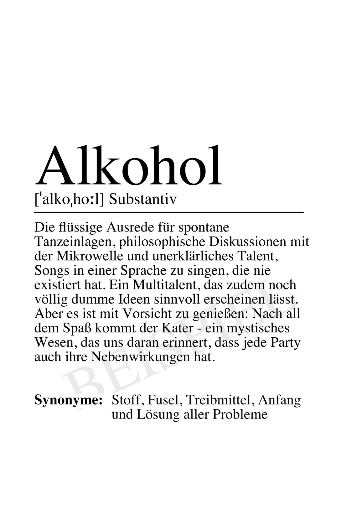 Alkohol German Dictionary Definition Funny Party Typography Poster - Image 3