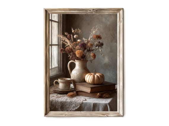 Cozy Thanksgiving Fall Wall Art Rustic Autumn Still Life Pumpkins And Flowers Decor Moody Farmhouse Painting V 413