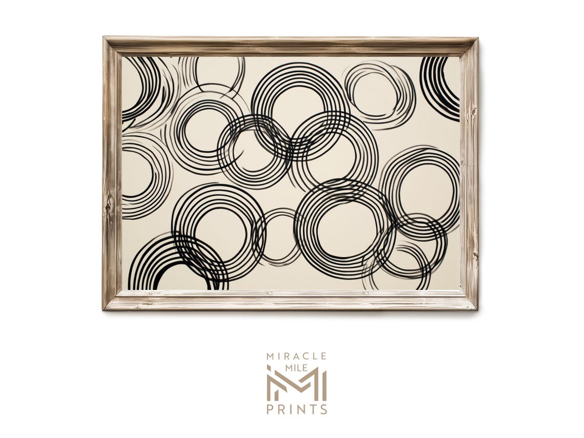 Minimalist Black Circle Line Pattern Neutral Beige Abstract Art Poster
