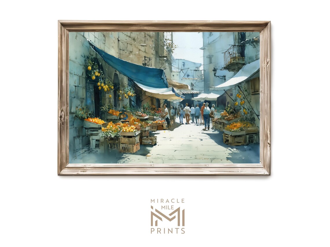 Citrus Market Street Watercolor Lemon Stalls Sunny Art Poster