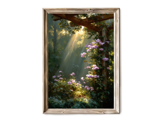 Climbing Roses And Clematis Wall Art Vintage Garden Summer Print Sunlit Floral Pergola Scene Romantic Botanical Artwork 48