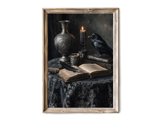 Halloween Wall Art Decor Small Round Table With Pumpkin Still Life Spooky Gothic Interior Scene Vintage 277