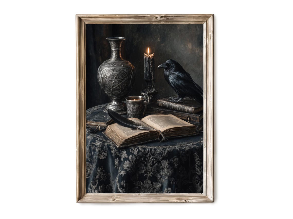 Halloween Wall Art Decor Small Round Table With Pumpkin Still Life Spooky Gothic Interior Scene Vintage 277