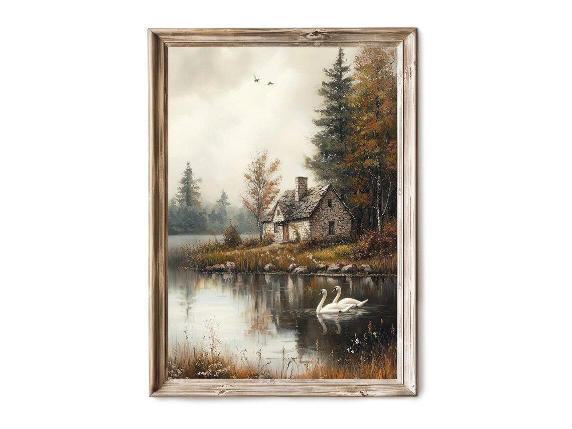 Vintage Lakeside Stone Cottage Swans Autumn Rustic Oil Painting Poster