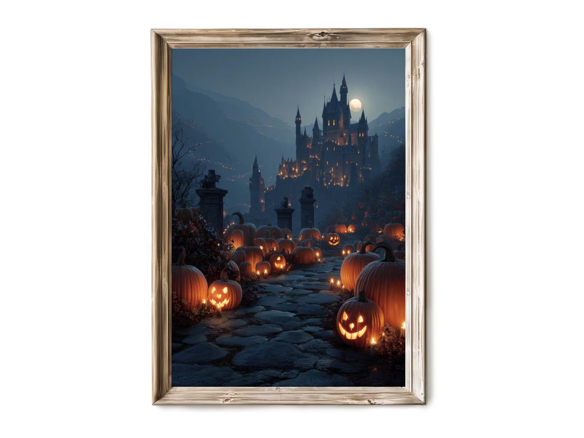 Spooky Haunted Castle Pumpkin Path Halloween Vintage Style Poster