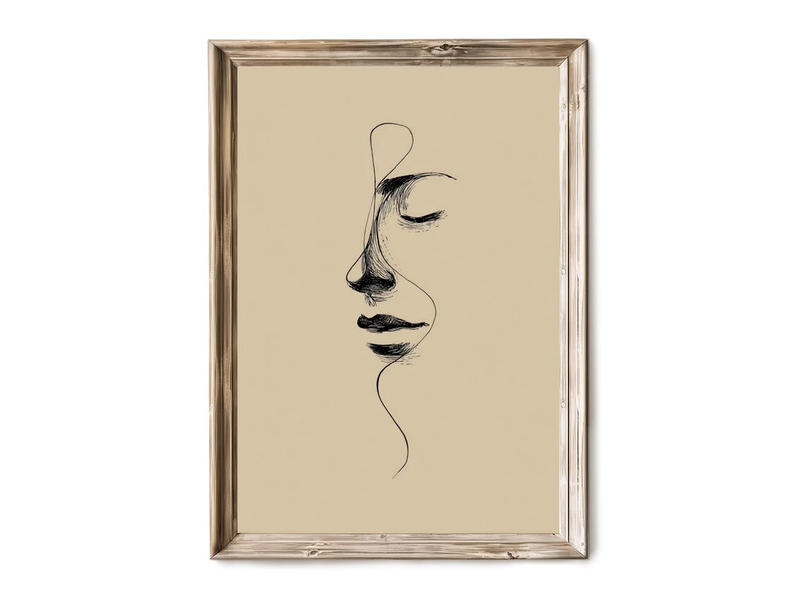 Abstract One Line Woman Face Profile Beige Minimalist Sketch Poster