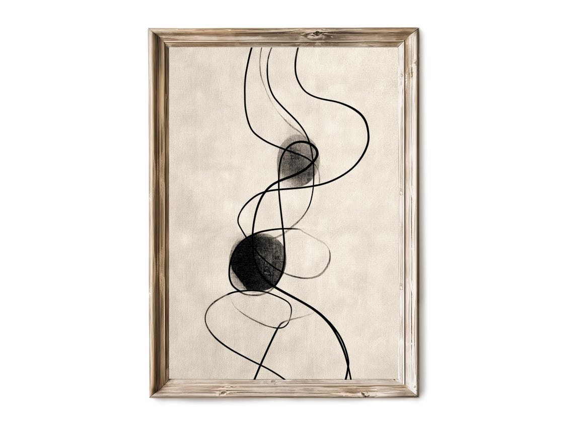 Abstract Flowing Black Lines Circle Minimalist Cream Modern Art Poster