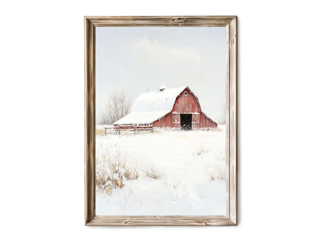 Red Barn Winter Snow Vintage Oil Painting Farmhouse Landscape Wall Art
