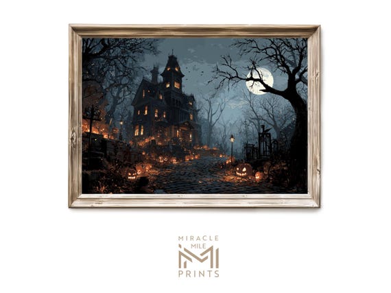 Halloween Haunted House Wall Art Gothic Vintage Illustration Dark Spooky Mansion Decor Rustic Fall Artwork 323