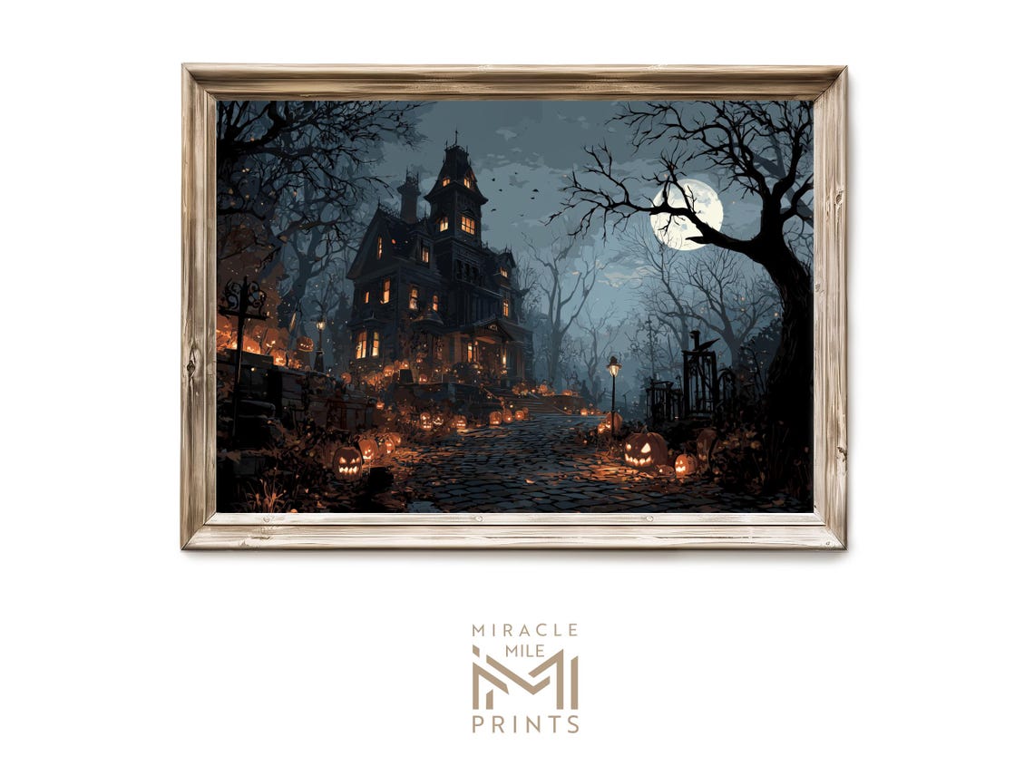 Halloween Haunted House Wall Art Gothic Vintage Illustration Dark Spooky Mansion Decor Rustic Fall Artwork 323