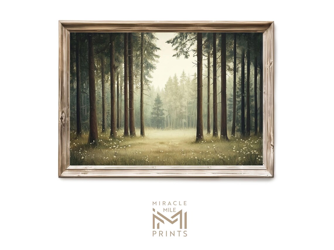 Misty Pine Forest Tall Trees Oil Painting Serene Woodland Poster