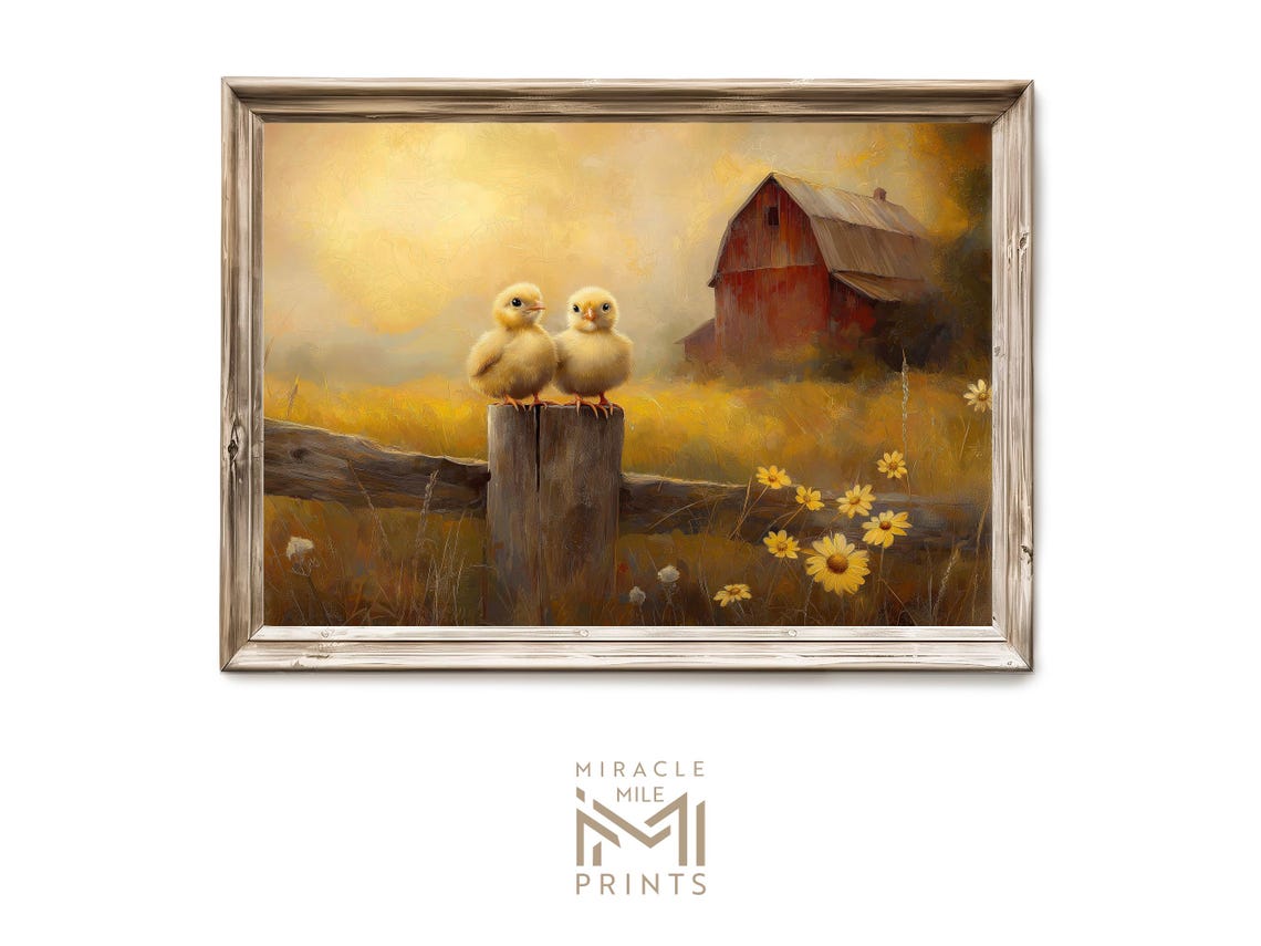 Baby Chicks Fence Post Red Barn Golden Field Spring Farmhouse Wall Art