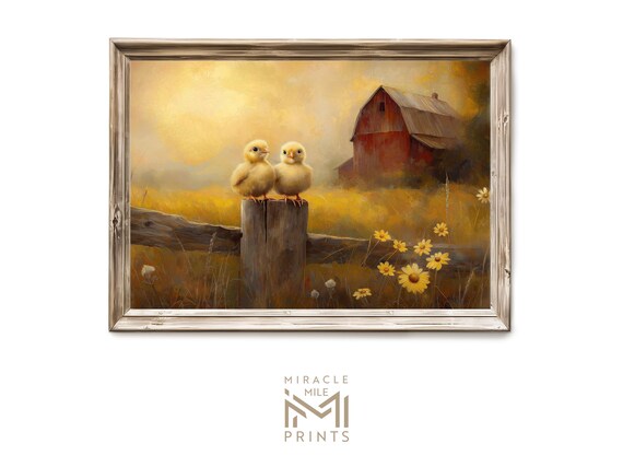 Baby Chicks Fence Post Red Barn Golden Field Spring Farmhouse Wall Art