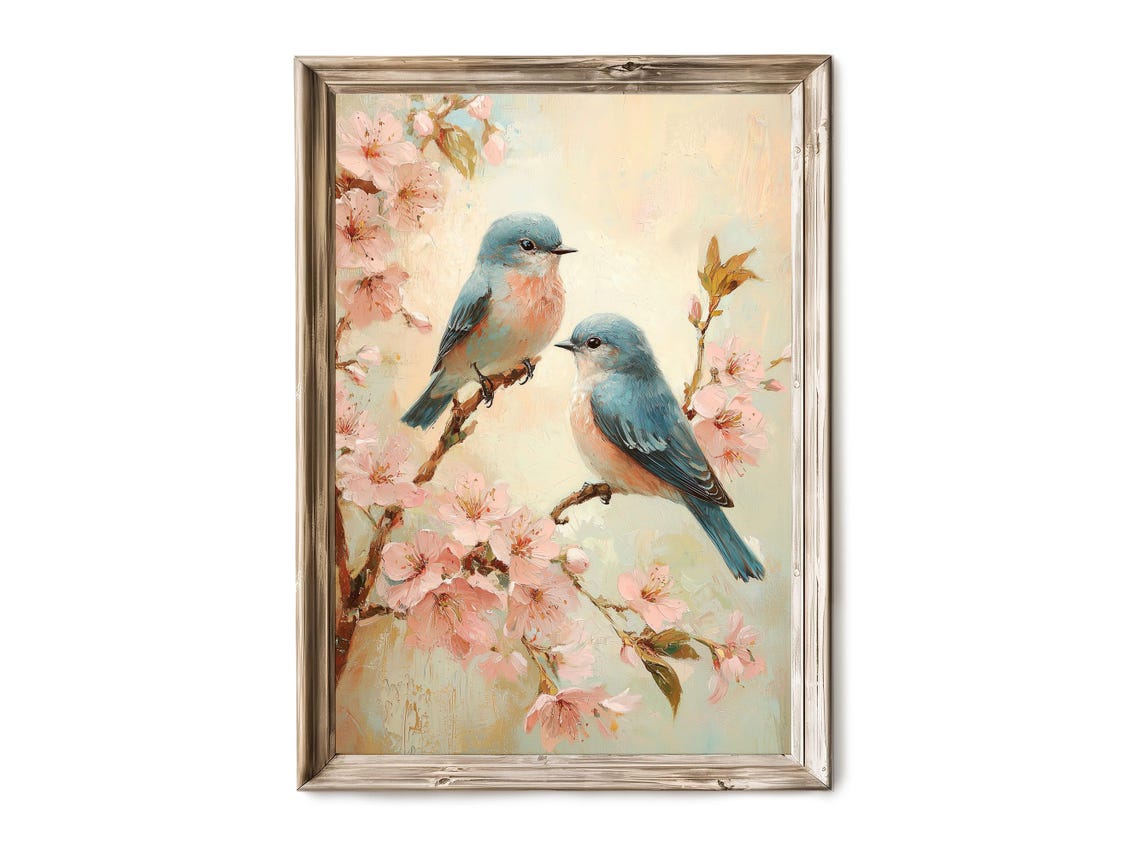 Bluebirds Cherry Blossom Spring Bird Pair Vintage Floral Wall Art