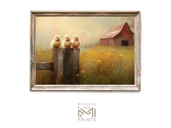 Easter Chicks Wall Art Rustic Oil Painting Spring Barn Daisies Decor For Farmhouse Cottage Nursery Gift