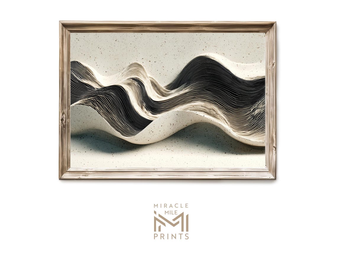 Black White Flowing Contour Line Wave Abstract Minimalist Wall Art