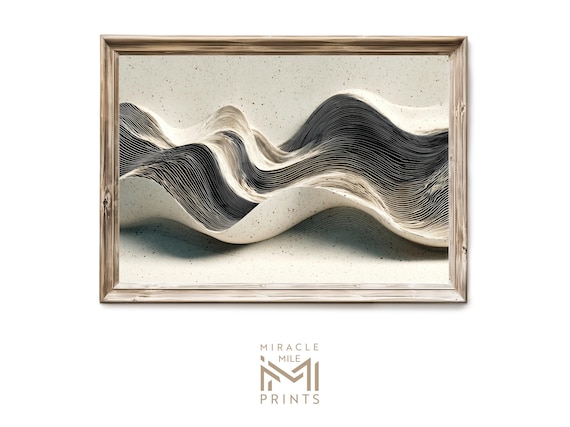 Black White Flowing Contour Line Wave Abstract Minimalist Wall Art