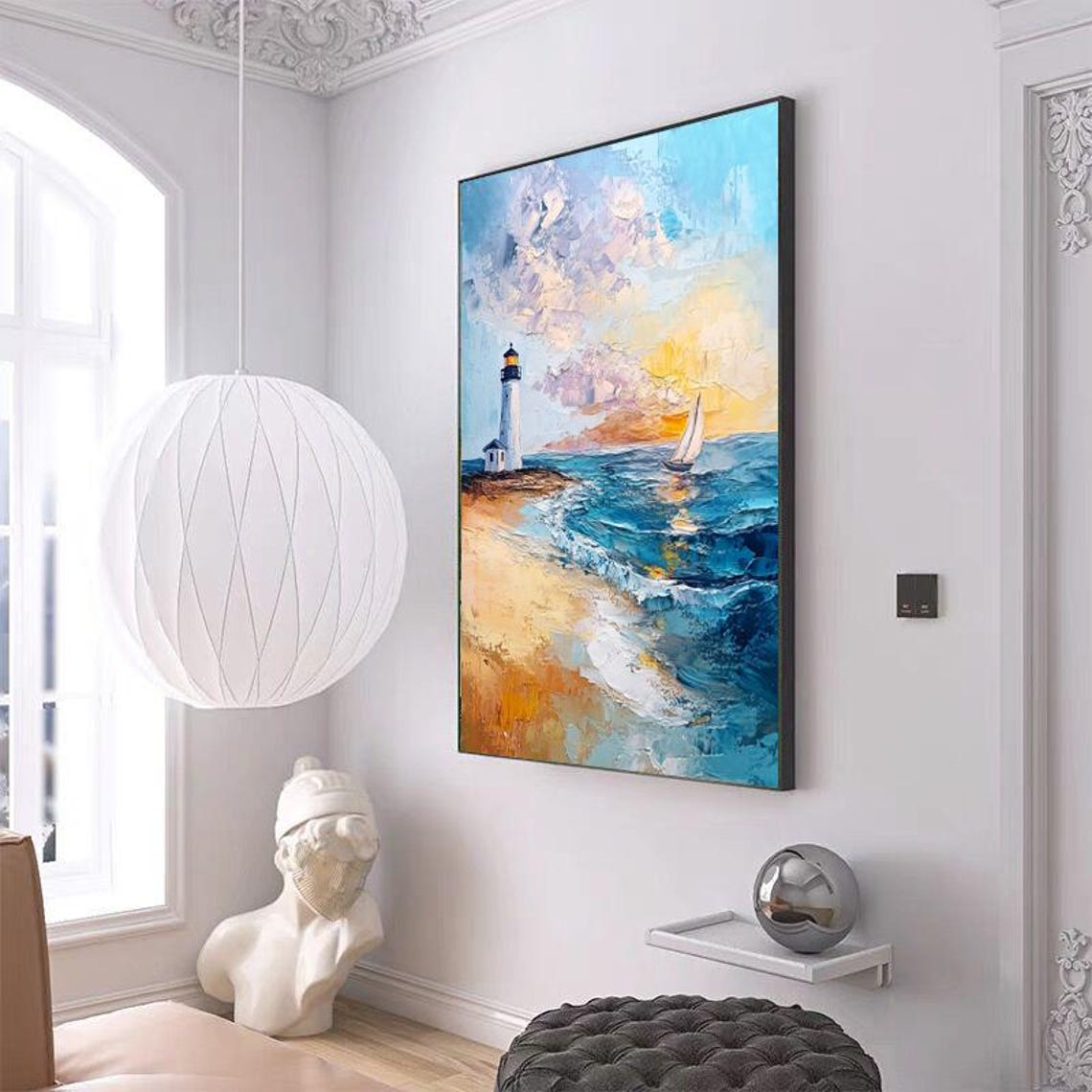 Classic Coastal Lighthouse at Sunset With a Sailboat Scene Poster - Image 3