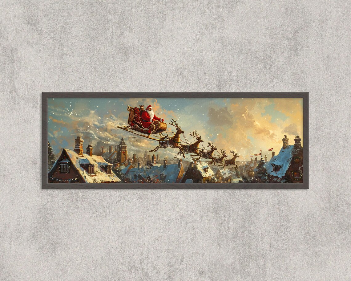 Santa Claus Sleigh Reindeer Flying Snowy Village Christmas Poster