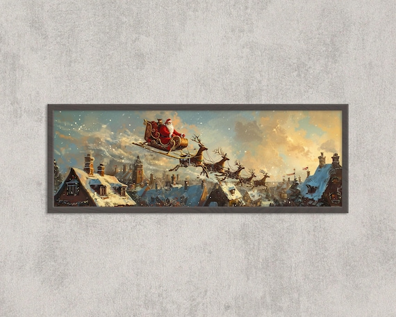 Santa Claus Sleigh Reindeer Flying Snowy Village Christmas Poster