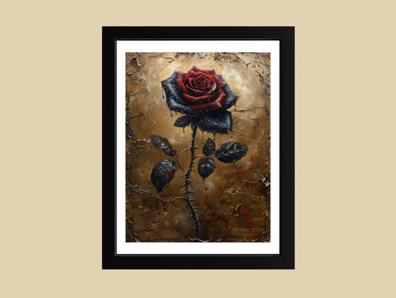 Gothic Red Rose Wall Art Dark Floral Print On Gold Texture Dramatic Romantic Flower Decor Moody Black Botanical Painting