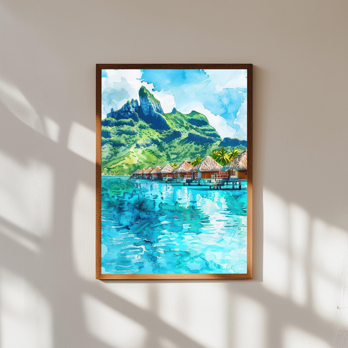 Tropical Overwater Bungalows Lagoon Watercolor Island Scene Print