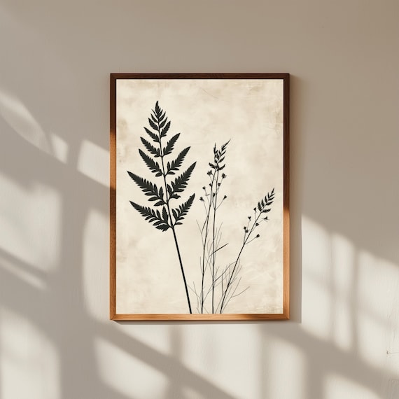 Black Fern Silhouette Botanical Vintage Cream Minimalist Wall Art
