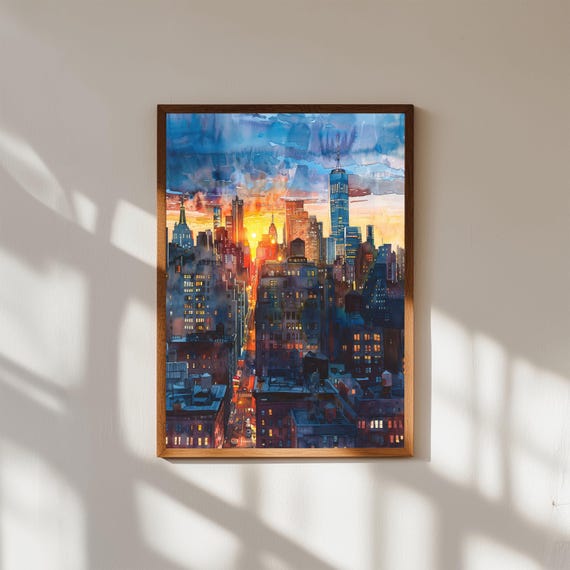 Nyc Skyline Watercolor Art Print Manhattan Sunset Urban Night Lights