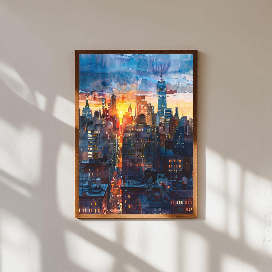 Nyc Skyline Watercolor Art Print Manhattan Sunset Urban Night Lights