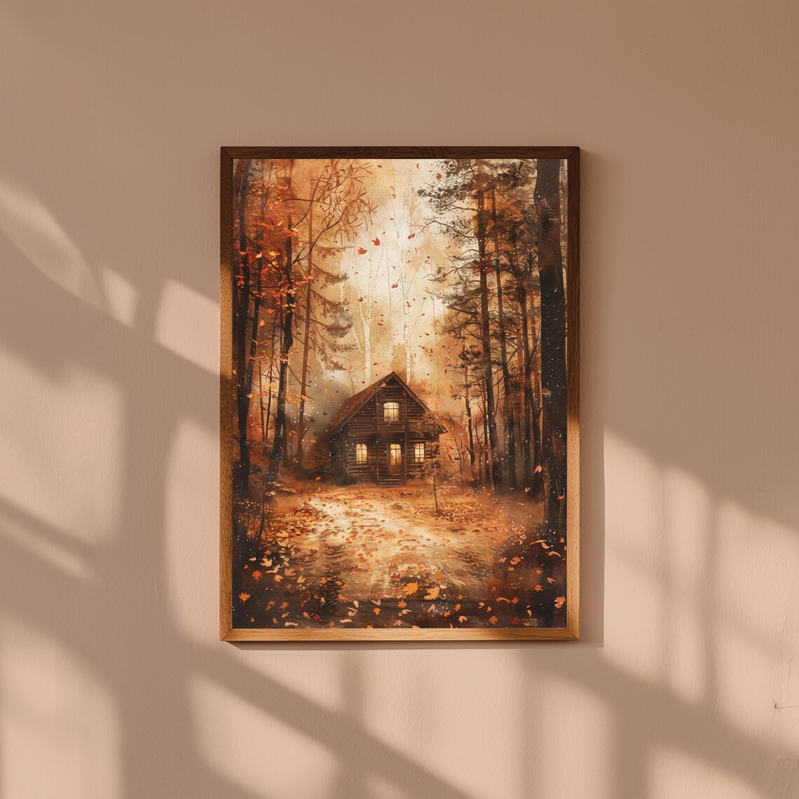 Glowing Cabin at Dusk in Autumn Woods Fallen Leaves Art Poster