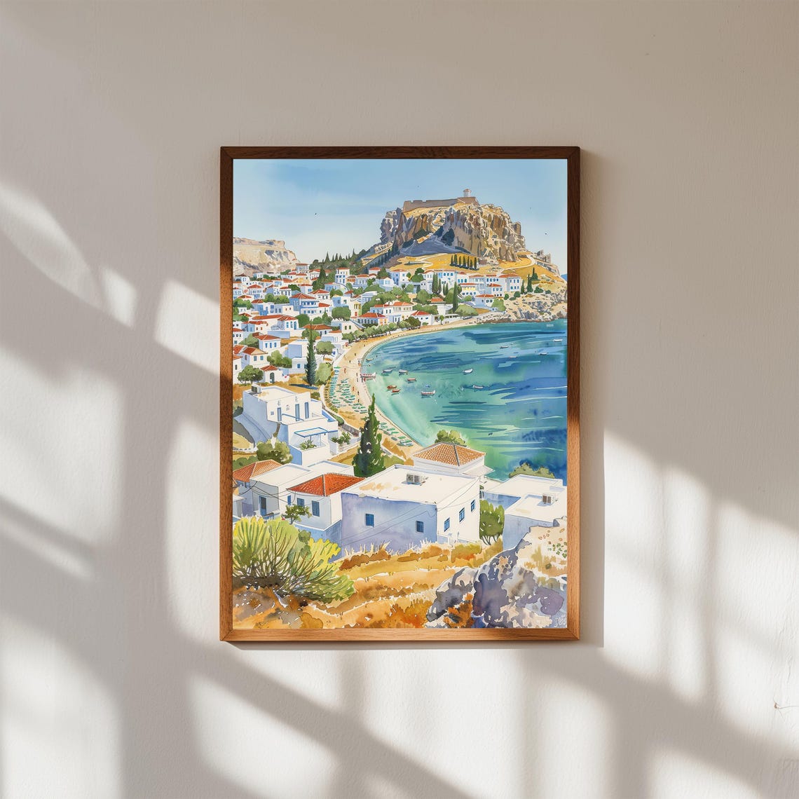 Lindos Greece Acropolis Bay Whitewashed Village Watercolor Print