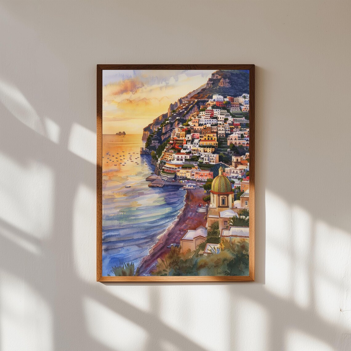 Positano Amalfi Coast Sunset Watercolor Cliffside Village Beach Poster