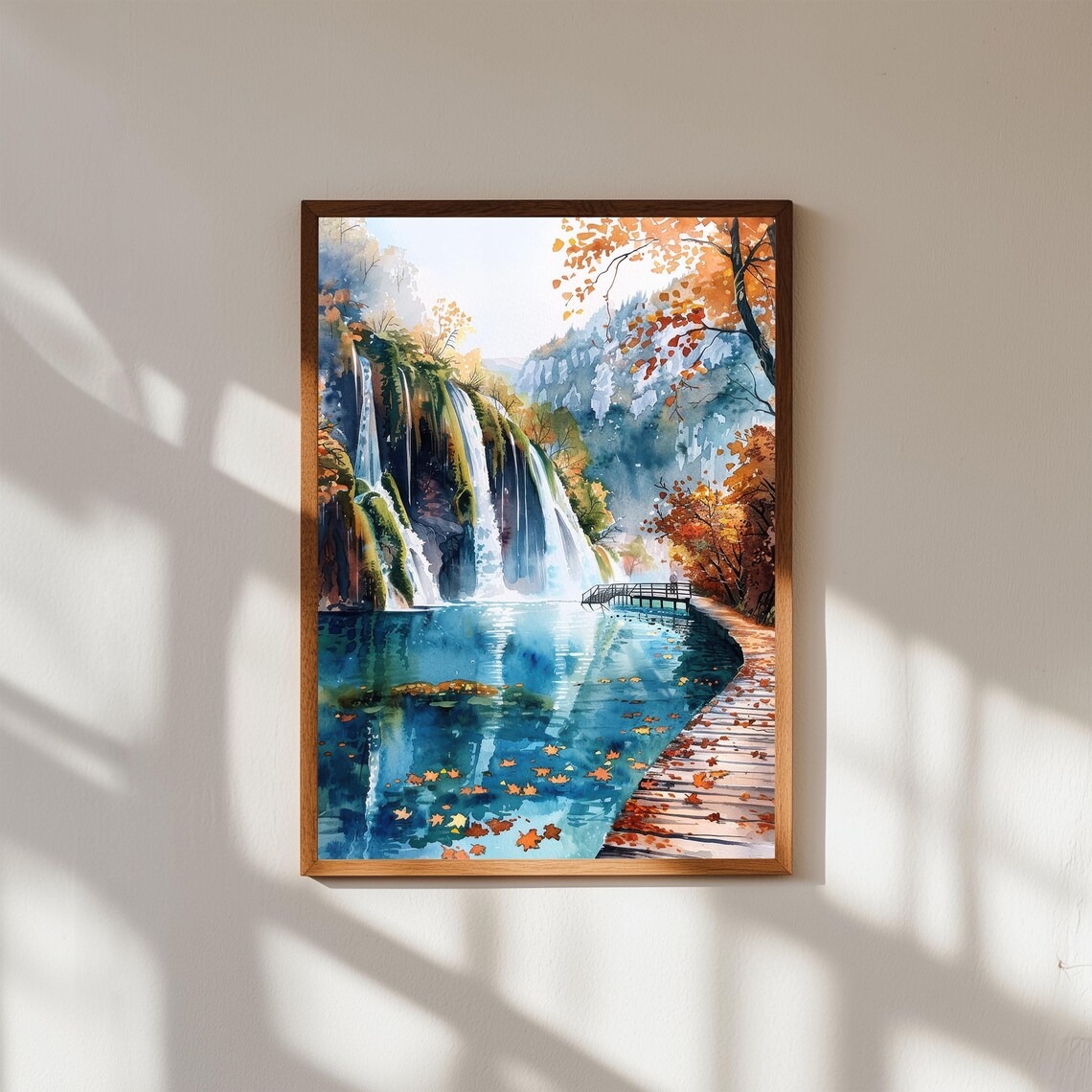 Plitvice Lakes Autumn Waterfall With Falling Leaves Watercolor Poster
