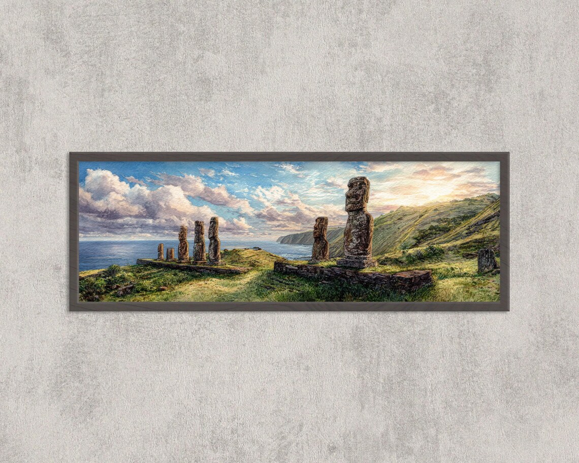 Easter Island Moai Sunset Watercolor Art Print