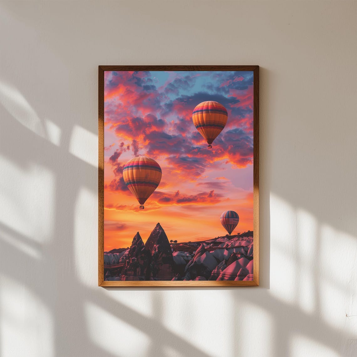 Cappadocia Balloons Dramatic Sunset Clouds Rocky Peaks Photo Poster