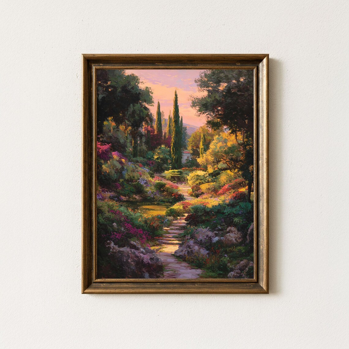 Mediterranean Garden Sunset Cypress Path Oil Painting Poster