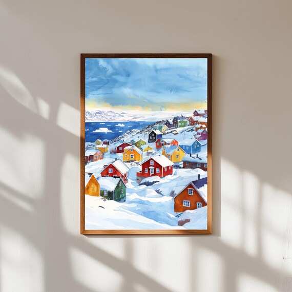 Nuuk Greenland Colorful Arctic Village in Snow Watercolor Art Poster