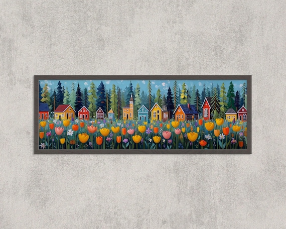 Whimsical Folk Art Village Sunset Tulip Meadow Panoramic Wall Art