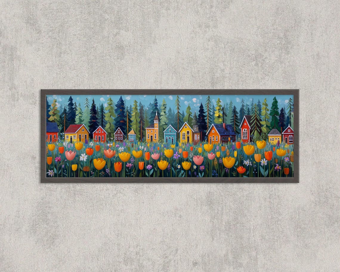 Whimsical Folk Art Village Sunset Tulip Meadow Panoramic Wall Art