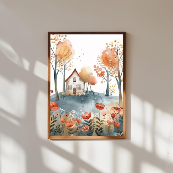 Tiny Cottage Among Wildflowers Watercolor Whimsical Home Art Poster
